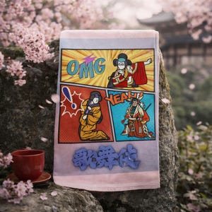 May include: A rectangular towel featuring a comic strip design with Japanese Kabuki characters. The towel has a pink border and the Japanese characters for Kabuki are embroidered at the bottom. The comic panels include the words "OMG" and "YEAH!"