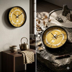 May include: A round wall clock with a black frame and a yellow face featuring Japanese characters. The clock hands are black. The clock is displayed on a wall and on a rock surface. Other items in the image include a teapot, teacup, and decorative cloth.