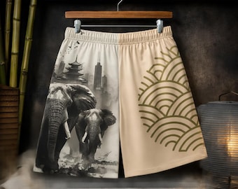 Pantalones cortos de baloncesto con estampado de elefante en Tokio | Patrón tradicional japonés