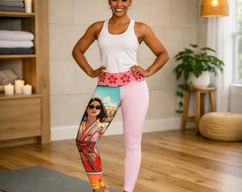 Kimono-vrouw bij | Santa Monica Illustratie Yogabroek | Traditioneel Japans patroon