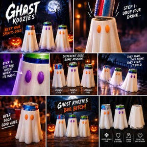 Könnte beinhalten: Weiße geisterförmige Getränkekühler mit ovalen Augen in Orange oder Lila. Die Kühler zeigen Texte wie Ghost Koozies, Keep Your Spirits Cold, Step 1: Drop Your Drink, Step 2: Let The Ghost Work Its Magic, Different Eyes. Same Mission, Boo, Bitch! sowie Beer. Soda. Good Vibes.