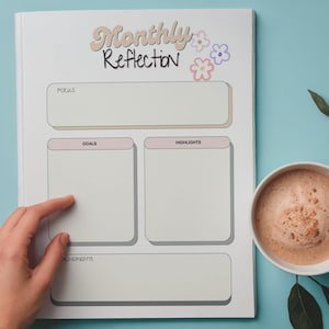 Op de afbeelding: Een wit notitieboek met de woorden "Monthly Reflection" en bloemaccenten. Het notitieboek heeft secties voor doelen, hoogtepunten en andere notities. Een hand wijst naar het notitieboek, naast een kopje koffie op een blauw oppervlak.