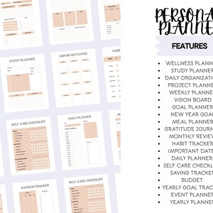 May include: A personal planner with various pages, including a vision board, event planner, and self-care checklist. The planner features a list of features, such as a wellness planner, study planner, and habit tracker.