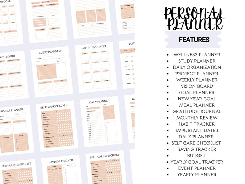 May include: A personal planner with various pages, including a vision board, event planner, and self-care checklist. The planner features a list of features, such as a wellness planner, study planner, and habit tracker.