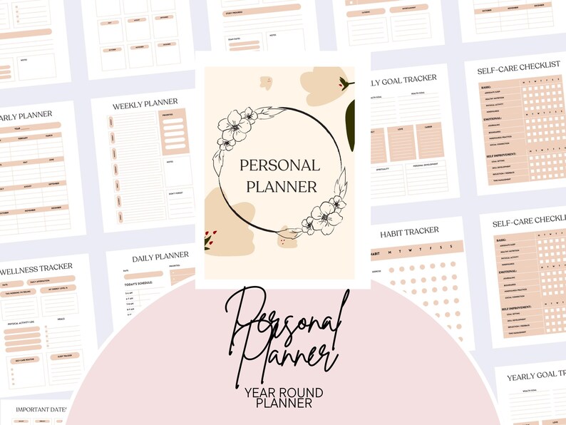 May include: A collection of printable planner pages in a soft, neutral color palette. The central image features a "Personal Planner" design with floral accents. Various planner layouts include weekly, daily, and goal trackers.