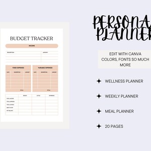 May include: A digital personal planner with a budget tracker and the text "Personal Planner". The planner includes sections for income, fixed and variable expenses, and a summary. Additional features include a wellness planner, weekly planner, meal planner, and 20 pages.