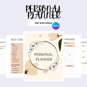 May include: A collection of printable personal planner pages with a floral design. The pages include sections for daily planning, self-care, habit tracking, and goal setting. The words "Personal Planner" are displayed prominently.