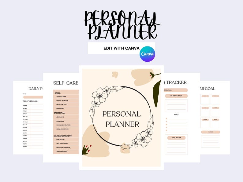 May include: A collection of printable personal planner pages with a floral design. The pages include sections for daily planning, self-care, habit tracking, and goal setting. The words "Personal Planner" are displayed prominently.