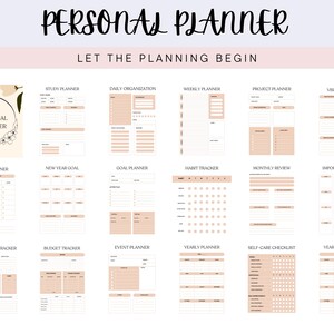 May include: A personal planner with various planning pages, including study, daily organization, weekly, and project planners. The planner features a floral design and the text "PERSONAL PLANNER" and "LET THE PLANNING BEGIN". The pages are in a neutral color palette.
