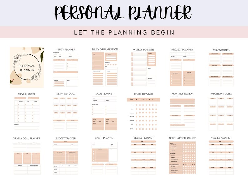 May include: A personal planner with various planning pages, including study, daily organization, weekly, and project planners. The planner features a floral design and the text "PERSONAL PLANNER" and "LET THE PLANNING BEGIN". The pages are in a neutral color palette.