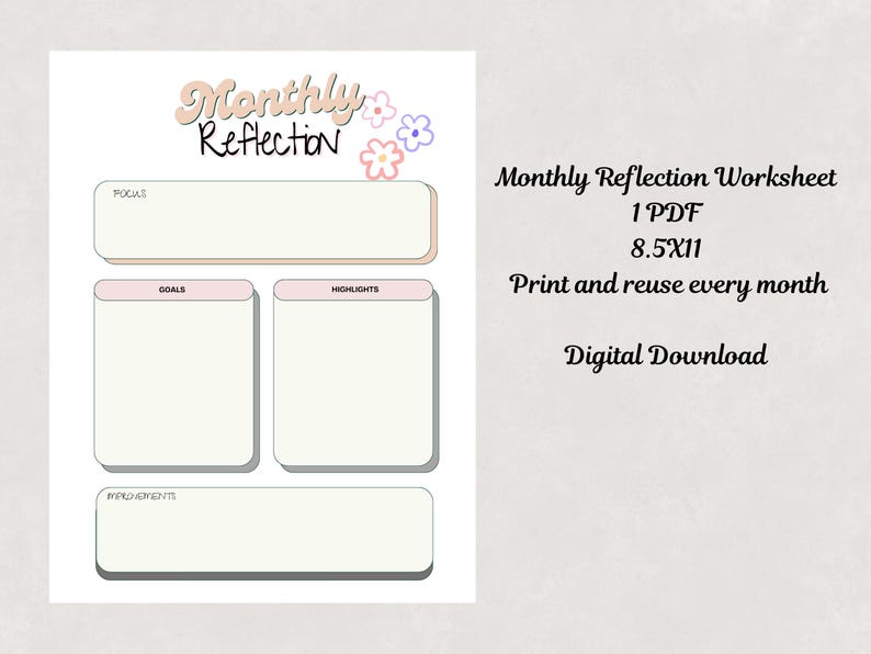 Monthy Reflections Monthly Reflection Worksheet Printable PDF | Goal Setting Planner ...