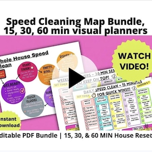 May include: A bundle of printable cleaning maps with the text "Speed Cleaning Map Bundle" and "15, 30, 60 min visual planners". The maps include checklists for quick cleaning tasks, with a "Watch Video!" button.