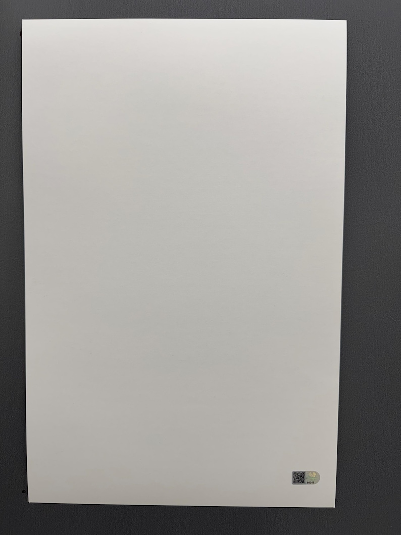 May include: A rectangular, off-white poster against a dark gray background. The poster has a smooth surface and a small, holographic sticker in the bottom right corner. The poster is blank, with no visible text or images.