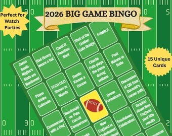 2026 Big Game Bingo – Printable Watch Party Game | 15 Unique Cards | Instant Digital Download