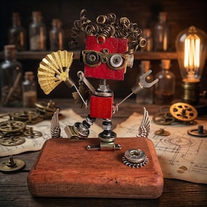May include: A handcrafted steampunk robot sculpture with a red wooden head and body, adorned with metal gears, screws, and wire. It holds a golden fan and a wrench, standing on a wooden base with decorative wings. The robot has curly wire hair and is set against a vintage backdrop.