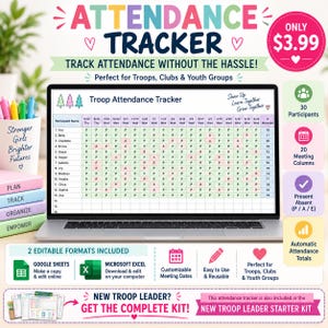 May include: A digital attendance tracker displayed on a laptop screen, featuring a grid for participant names and meeting dates. The interface includes columns for tracking attendance with P, A, and E labels, alongside text headers and icons for Google Sheets and Microsoft Excel compatibility.