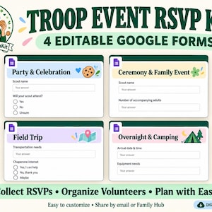 Peut inclure: Un kit numérique de réponse aux invitations pour événements de troupe comprenant quatre formulaires Google modifiables intitulés Party & Celebration, Ceremony & Family Event, Field Trip et Overnight & Camping avec des champs de saisie.
