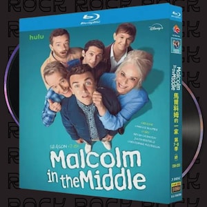 May include: Blu-ray box set for the TV show "Malcolm in the Middle." The cover shows a group photo of the cast with the show's title in white. The box is blue with the Hulu and Disney+ logos.