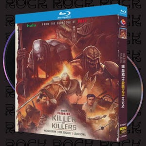 Könnte beinhalten: Blu-ray-Disc-Hülle für "Killer of Killers" mit Predator-Thema. Das Cover zeigt actionreiche Illustrationen, den Filmtitel und die Namen der Darsteller. Die Disc ist mit "Blu-ray Disc" beschriftet und enthält das Hulu-Logo.