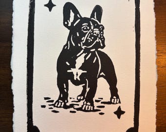 Estudio de bulldog francés / Grabado en linóleo impreso a mano
