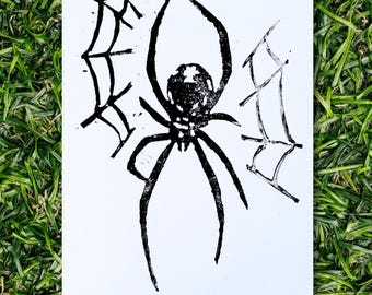 Grabado en linóleo de araña tallado a mano / Arte mural de animales llamativos