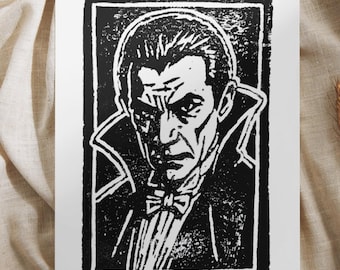 Hand-Carved Dracula Linocut Print | Bold Gothic Wall Art