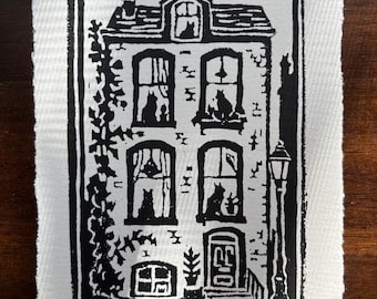 Handgeschnitztes Katzenhaus Linoldruck Wandkunst