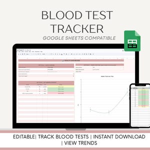 Puede incluir: Un portátil y un smartphone que muestran una hoja de cálculo de seguimiento de pruebas de sangre. La pantalla del portátil muestra un panel de salud detallado con tablas de datos y un gráfico. El smartphone refleja la hoja de cálculo.