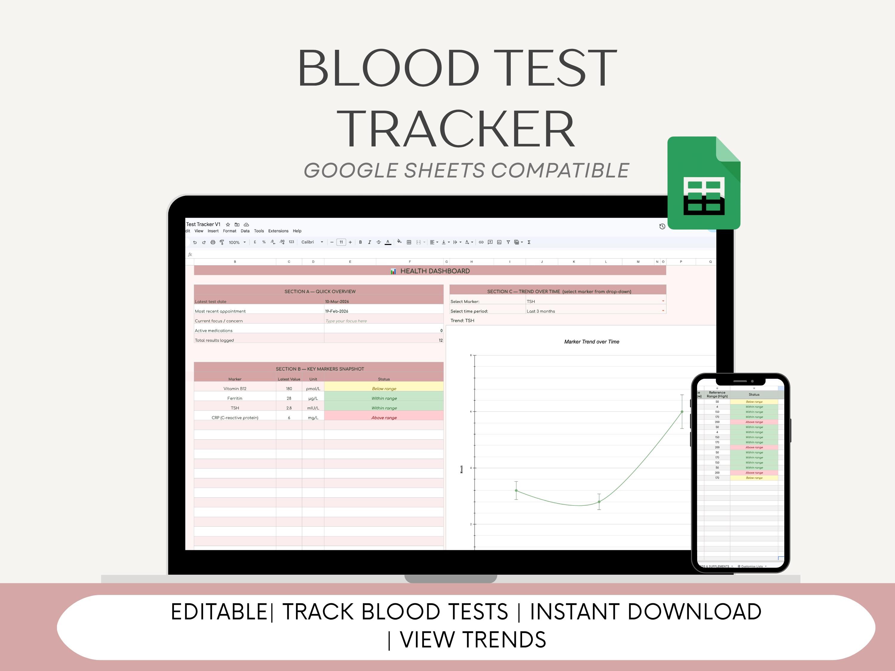 Blood Test Tracker Blood Work Spreadsheet Lab Results Log (Google Sheets)