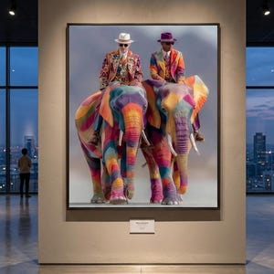 May include: A framed artwork depicting two figures in colourful suits riding vibrantly painted elephants. The elephants and riders are adorned in a rainbow of hues. The artwork is displayed in a modern gallery setting.
