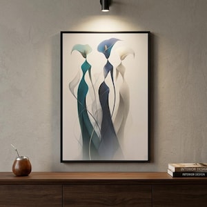 May include: Abstract art print depicting three figures in flowing gowns. The artwork uses teal, blue, and grey against a white background, framed in black. The print hangs above a wooden cabinet with a decorative gourd and books.