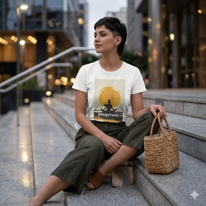 May include: White t-shirt with a graphic of a person meditating in front of a yellow sun, with the word "SPIRITUAL" below. The person is wearing olive green pants and brown sandals, and holding a woven handbag. The background is a city scene.