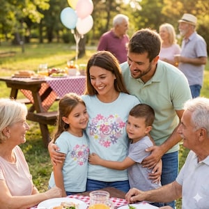 May include: A family embraces outdoors, with a woman and two children wearing light blue shirts with a floral "MOM" design. The family is surrounded by other people, with a picnic table and balloons in the background.
