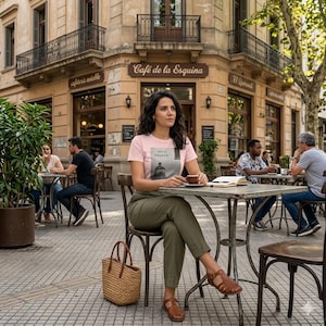 May include: A woman at a cafe table wearing a pink t-shirt with the text "NOT A SIDEKICK". She is holding a coffee cup, with a woven tote bag at her feet. The cafe is on a cobbled street, with other patrons visible.