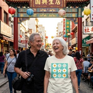 May include: A couple walking down a street, smiling and laughing. The woman wears a cream-colored t-shirt with a teal square design featuring white and yellow daisy graphics. The man carries a camera. The background includes a Chinese archway and shops.