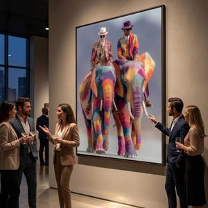 May include: A large framed artwork depicts two people in colorful suits riding vibrantly painted elephants. The artwork is displayed in a gallery setting, with several people in business attire observing and discussing the piece.