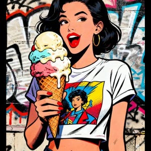 May include: Pop art style illustration of a woman holding a large ice cream cone with multiple scoops. She wears a white crop top with a graphic, blue jeans, and gold hoop earrings. The background features graffiti art.