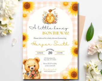 A Little Honey Is On The Way Baby Shower Invitation | Floral Bear Baby Shower | Editable Canva Template | Printable Baby Shower Invite