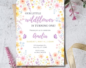 Little Wildflower Birthday Invitation | Editable Canva Template | Printable Kids Birthday Invite