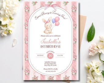 Some Bunny First Birthday Invitation | Floral Vintage Bunny Invitation | Editable Canva Template | Printable Kids Birthday Invite