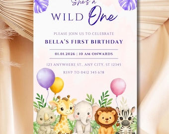 Wild One Safari Birthday Invitation | Editable Canva Template | Printable Jungle Birthday Invite