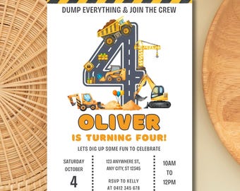 Construction 4th Birthday Invitation | Editable Canva Template | Printable Kids Birthday Invite