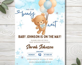 We Can Bearly Wait Baby Shower Invitation Boy | Brown Bear Balloon Invite | Editable Canva Template | Printable Blue Baby Shower Invite