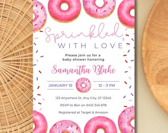 Donut Baby Shower Invitation Girl | Sprinkled With Love Invite | Editable Canva Template | Printable Pink Baby Shower Invite