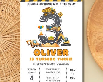 Construction 3rd Birthday Invitation | Editable Canva Template | Printable Kids Birthday Invite