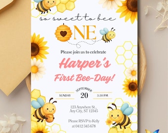 Sweet Bee First Birthday Invitation | Editable Canva Template | Printable Kids Birthday Invite