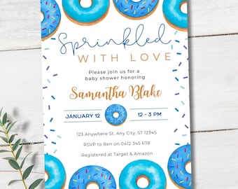 Donut Baby Shower Invitation Boy | Sprinkled With Love Invite | Editable Canva Template | Printable Blue Baby Shower Invite