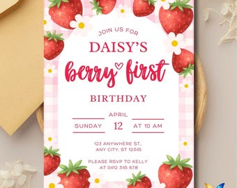 Berry First Birthday Invitation | Editable Canva Template | Printable Kids Birthday Invite