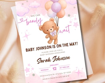 We Can Bearly Wait Baby Shower Invitation Girl | Brown Bear Balloon Invite | Editable Canva Template | Printable Pink Baby Shower Invite