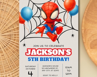 Spiderman-verjaardagsuitnodiging | Bewerkbare canvassjabloon | Afdrukbare verjaardagsuitnodiging voor kinderen